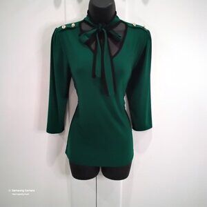 Liz McCoy Green & Black 3/4 Sleeve Pull-over Tie Blouse Gold Buttons NWT Various